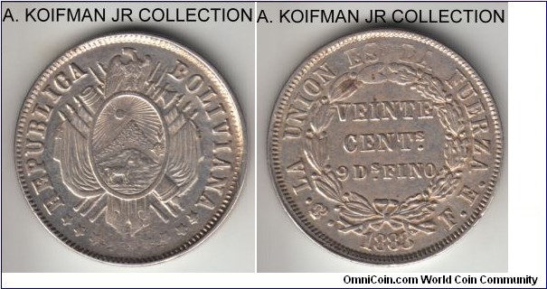 KM-159.1, 1883 Bolivia 20 centavos, Potosi mint (PTS mintmark in monogram), FE essayer initials; silver, reeded edge; typically crude strike, one of the stars is doubled in re-cut die, edge is reeded but a large groove along most of the edge, overall very fine or so.