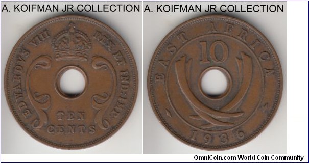 KM-24, 1936 East Africa 10 cents, Heaton mint (H mint mark); bronze, holde flan, plain edge; Edward VIII one year mintage, very fine or so.