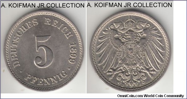 KM-11, 1899 Germany 5 pfennig, Hamburg mint (J mint mark); copper-nickel, plain edge; common type and mint mark, but good grade, uncirculated.