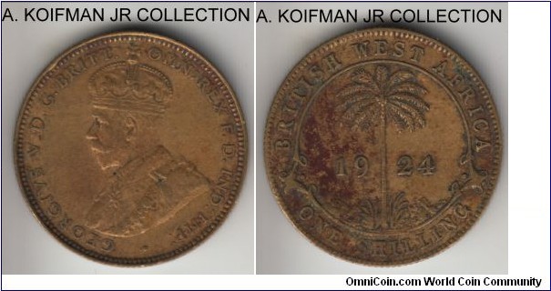 KM-12a, 1924 British West Africa shilling, Royal Mint (no mint mark); tin-brass, reeded edge; George V scarce type, very fine details, typical environmental impact on the coin.
