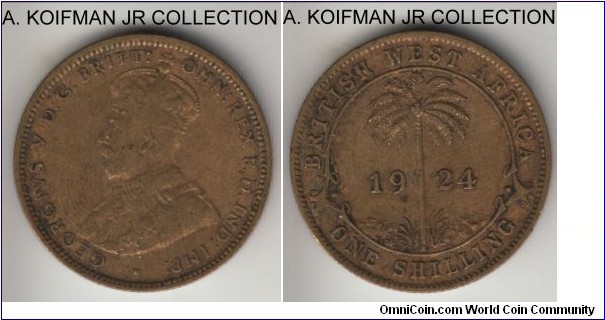 KM-12a, 1924 British West Africa shilling, Heaton Mint (H mint mark); tin-brass, reeded edge; George V scarce type, good fine or better.