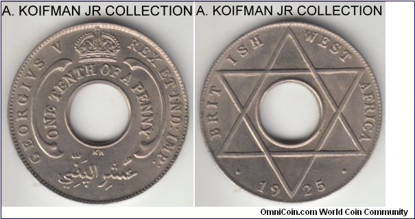KM-7, 1925 British West Africa 1/10 of a penny, King Norton mint (KN mint mark); copper-nickel, plain edge; George V, more common yeat/mint mark combination, good uncirculated specimen with some peripheral toning.