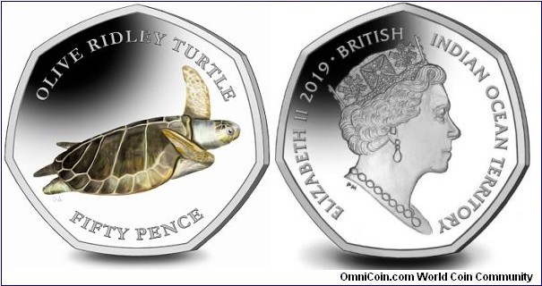2019 50p British Indian Ocean Territory. Olive Ridley Turtle