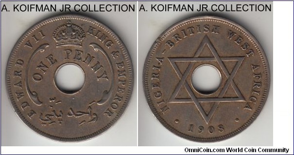 KM-2, 1908 British West Africa penny; copper-nickel, holed flan, plain edge; first type, Edward VII, decent very fine to good very fine grade.