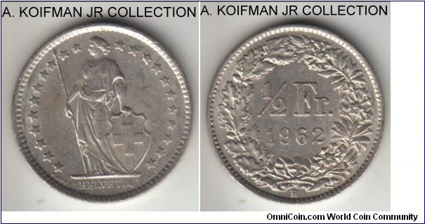 KM-23, 1961 Switzerland 1/2 franc; silver, reeded edge; common coin, about uncirculated.
