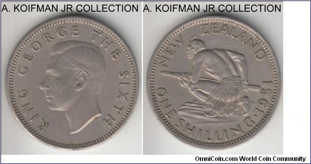 KM-17, 1951 New Zealand shilling; copper-nickel, reeded edge; George Vi mintage, post war coinage, very fine.