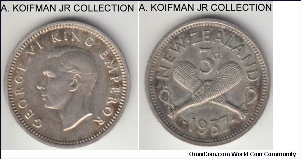 KM-7, 1937 New Zealand 3 pence; silver, plain edge; George VI first year of reign and type, toned almost uncirculated, a thin cut across King's cheek.
