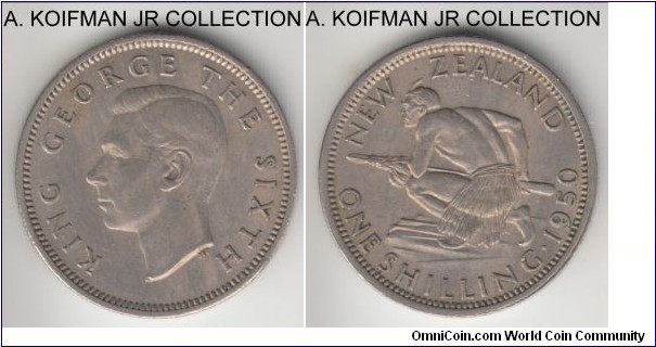 KM-17, 1950 New Zealand shilling; copper-nickel, reeded edge; George Vi mintage, post war coinage, good very fine to extra fine.