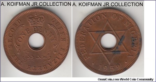 KM-2, 1959 Federation of Nigeria penny; bronze, plain edge; short lived predecimal coinage preceding independence and establishment of the Republic; decent red brown uncirculated, some obverse staining.