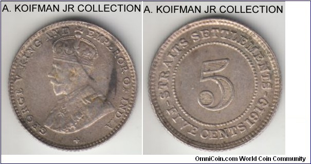 KM-31, 1919 Straits Settlements 5 cents; silver, reeded edge; George V second type, abur extra fine, a bit dirty.