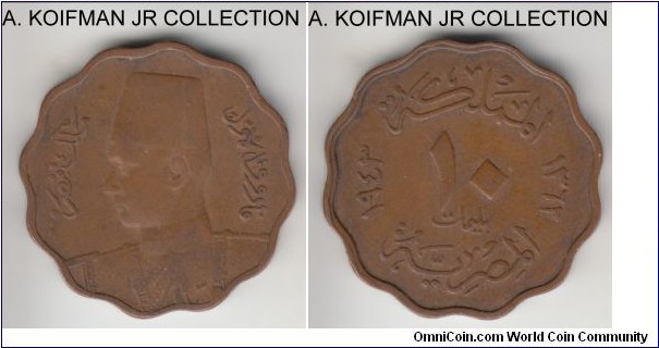 KM-361, AH1362 (1943) Egypt 10 milliemes; bronze, scalloped edge; Farouk, common coin, extra fine or so.