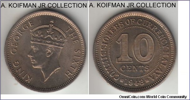 KM-8, 1948 Malaya 10 cents; copper-nickel, reeded edge; late George VI issue, nice, lightly toned uncirculated.