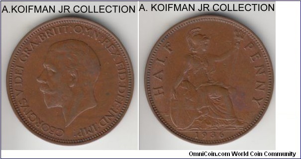 KM-837, 1936 Great Britain half penny; bronze, plain edge; George V, last year, good extra fine to almost uncirculated, small reverse stain.