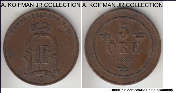 KM-736, 1882 Sweden 5 ore; bronze, plain edge; Oscar II, good very fine to extra fine, few rim impacts.