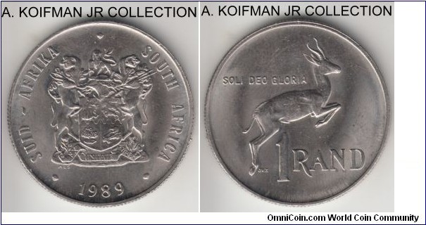 KM-88a, 1989 South Africa rand; nickel, reeded edge; circulation coinage, nice uncirculated specimen.