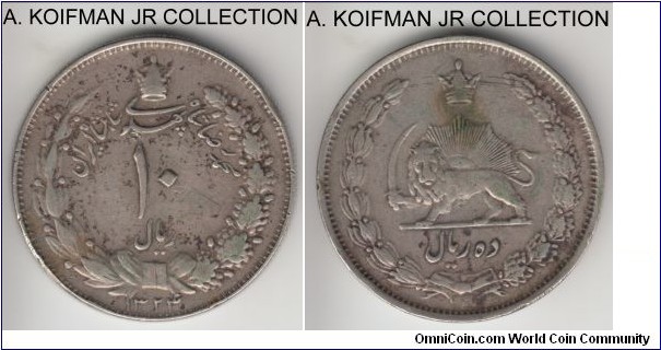 KM-1146, AH1323 (1944) Iran 10 rials; silver, reeded edge; Muhammad Reza Pahlavi Shah, appears to be a 1232/22 overdate, good fine, a rim bump.