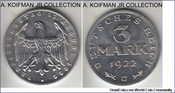 KM-29, 1922 Germany (Weimar Republic) 3 mark, Hamburg mint (J mint mark); aluminum, reeded edge; 2-year Weimar Republic Constitution circulation commemorative, there are a lot of the early Weimar aluminum coinage left around in uncirculated condition, one of the more common mints, bright uncirculated.