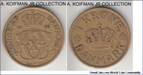 KM-824.1, 1926 Denmark krone; aluminum-bronze, plain edge; Christian X, average circulated fine to very fine.
