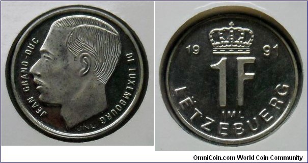 Luxembourg 1 franc from 1991 mint set.