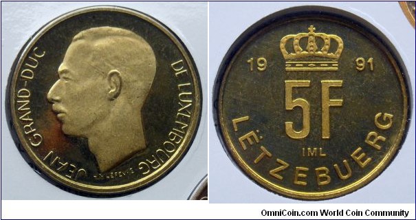 Luxembourg 5 francs from 1991 mint set. Mintage: 10.000 pieces.