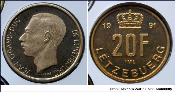Luxembourg 20 francs from 1991 mint set. Mintage: 10.000 pieces.