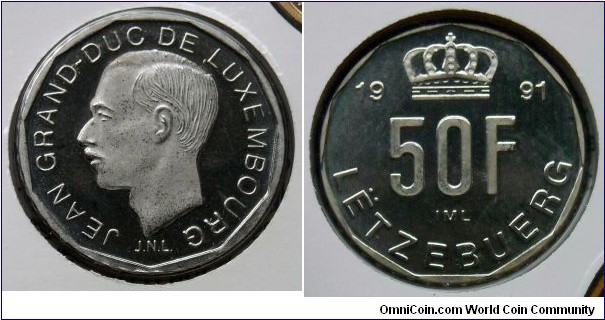Luxembourg 50 francs from 1991 mint set. Mintage: 10.000 pieces.