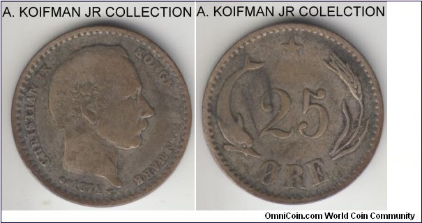 KM-796.1, 1874 Denmark 25 ore, Copenhagen mint (heart mint mark, CS mint master); silver, plain edge; Christian IX, very good to fine.