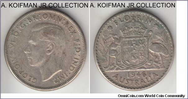 KM-40a, 1946 Australia florin, Melbourne mint (no mint mark); silver, reeded edge; George VI, first post war type, toned but decent grade, extra fine or almost.