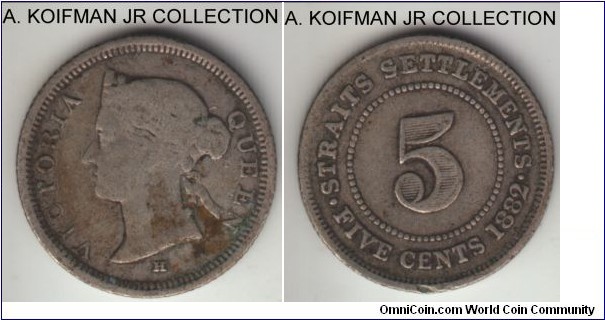 KM-10, 1882 Straits Settlements 5 cents, Heaton mint (H mintmark); silver, reeded edge; Victoria, well circulated, very good or almost.