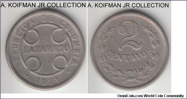 KM-L10, 1921 Colombia 2 centavos; copper-nickel, plain edge; leprozorium coinage, RH initials under bow on reverse, one year type, nice grade despite weak strike, maybe extra fine.