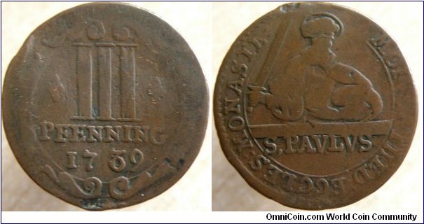 German States-Bishopric of Munster-3 Pfennig. Clemens August of Bavaria Archbishop of Cologne, he was one of the Electors, a Prince-Bishop of Münster, Hildesheim, and Osnabrück, and a Grand Master of the Teutonic Order.