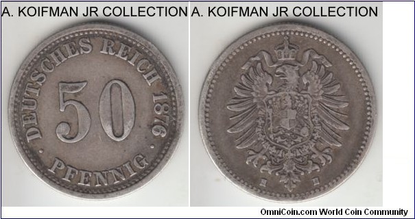 KM-6, 1876 Germany (Empire) mark, Darmstadt mint (H mint mark); silver, reeded edge; Wilhelm I, scarcer mint that only struck coins until 1882, good fine to about very fine.