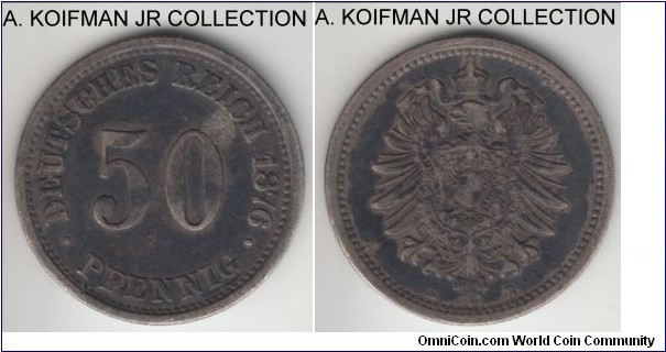 KM-6, 1876 Germany (Empire) 50 pfennig, Muldenhutten mint (E mint mark); silver, reeded edge; Wilhelm I, good fine, but obverse spot.
