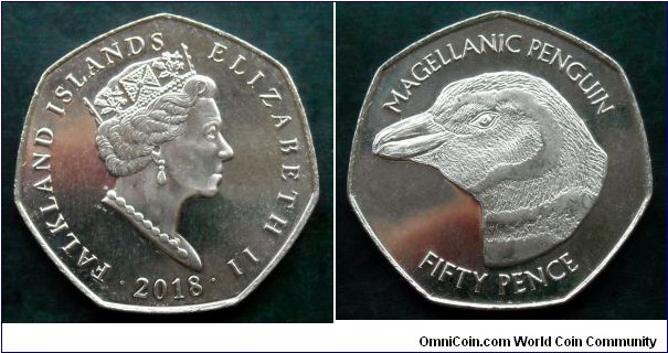 Falkland Islands 50 pence. 2018, Magellanic Penguin