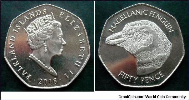 Falkland Islands 50 pence. 2018, Magellanic Penguin