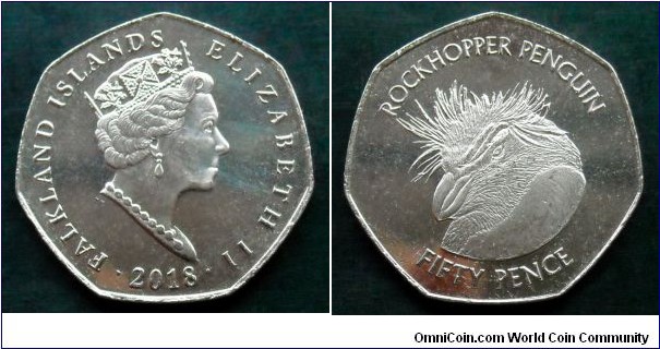 Falkland Islands 50 pence. 2018, Rockhopper Penguin