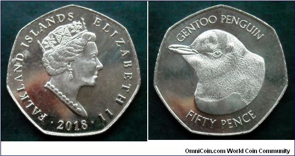 Falkland Islands 50 pence. 2018, Gentoo Penguin