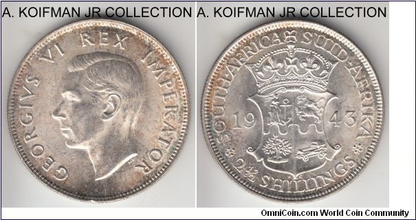 KM-30, 1943 South Africa 2 1/2 shillings; silver, reeded edge; George VI, common year but pleasantly toned uncirculated or almost specimen.