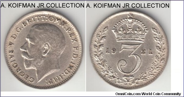 KM-13a, 1921 Great Britain 3 pence; silver, plain edge; George V, lots of luster, about uncirculated.