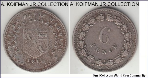 Dalton 13, 1811 Great Britain Staffordshire Fazeley 6 pence token; silver, slant reeded edge; Peels, Harding & Co, good fine to very fine.