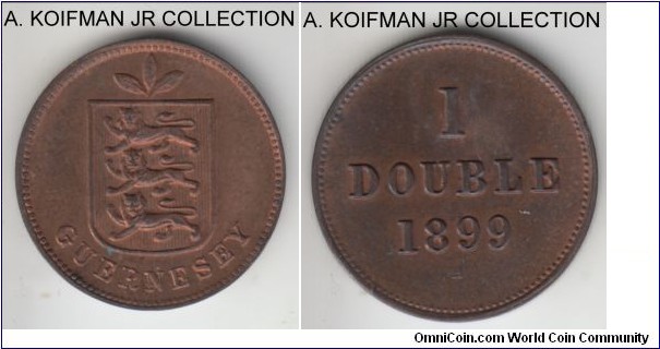 KM-10, 1899 Guernsey double, Heaton mint (H mint mark); bronze, plain edge; Victoria period, dark red and brown uncirculated, smaller mintage of 56,000.