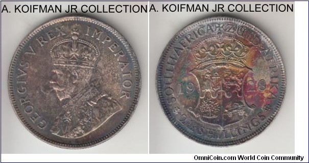 KM-19.2, 1928 South Africa 2.5 shilling (half crown); silver, reeded edge; George V second type, extra fine details, uneven toning, possibly from fire.