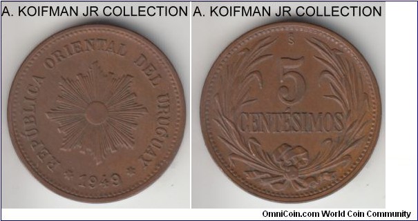 KM-21a, 1949 Uruguay 5 centesimos, Santiago de Chile mint (So mint mark); copper, plain edge; toned about uncirculated to uncirculated.