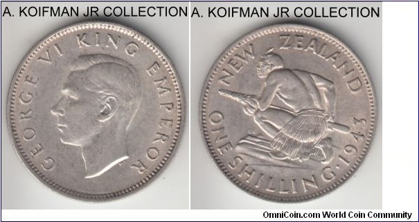 KM-9, 1943 New Zealand shilling; silver, reeded edge; George VI war time issue, extra fine to good extra fine.