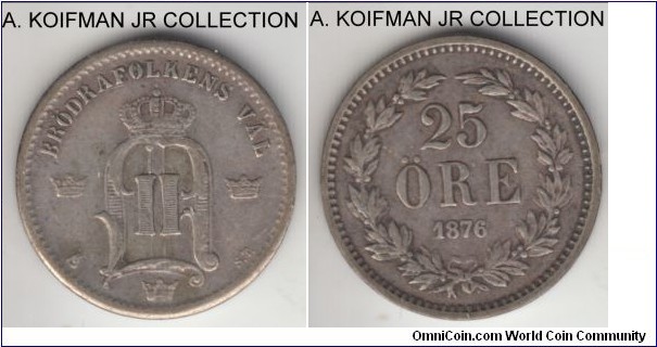 KM-738, 1876 Sweden 25 ore; silver, plain edge; Oscar II, average circulated, good fine or so.