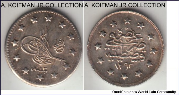 KM-735, AH1293 year 23 (1898) Turkey (Ottoman Empire) kurush, Qustantiniyah mint; silver, reeded edge; Abdulhamid II, common year, good extra fine or better, appear to be slightly concave.