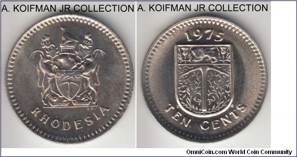 KM-14, 1975 Rhodesia 10 cents; copper-nickel, reeded edge; Republical coinage, as minted with very light obverse toning.