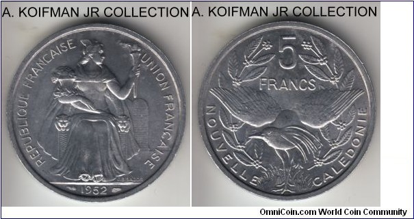 KM-4, 1952 New Caledonia 5 francs; aluminum, plain edge; one year type for the French overseas territory, endemic kagu bird on reverse, common but nice uncirculated.