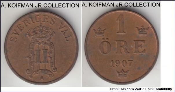 KM-768, 1907 Sweden ore; bronze, plain edge; Oscar II, average uncirculated.