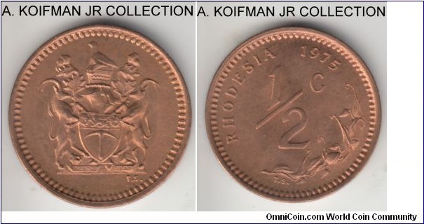KM-9, 1975 Rhodesia 1/2 cent; bronze, plain edge; late Republican coinage, common but nice, mostly red with just a hint of starting to turn brown.